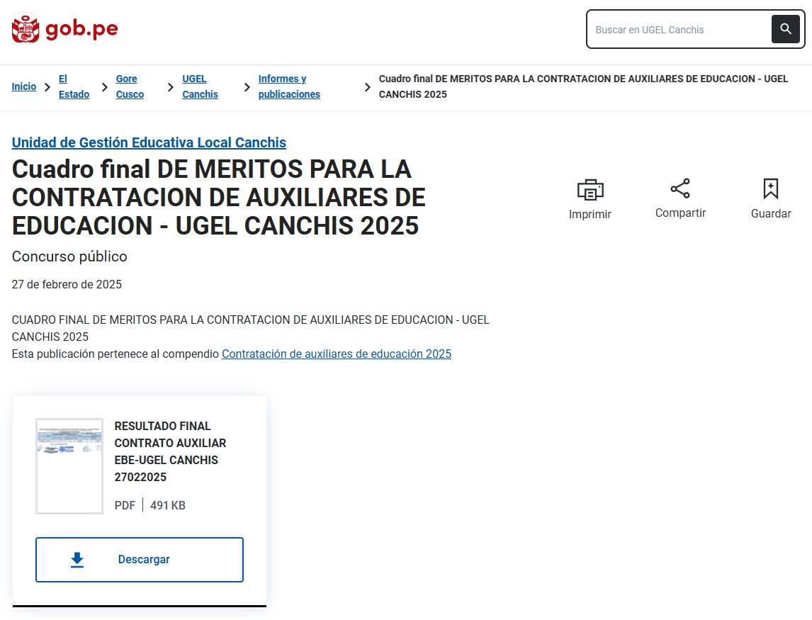 Cuadro final DE MERITOS PARA LA CONTRATACION DE AUXILIARES DE EDUCACION - UGEL CANCHIS 2025